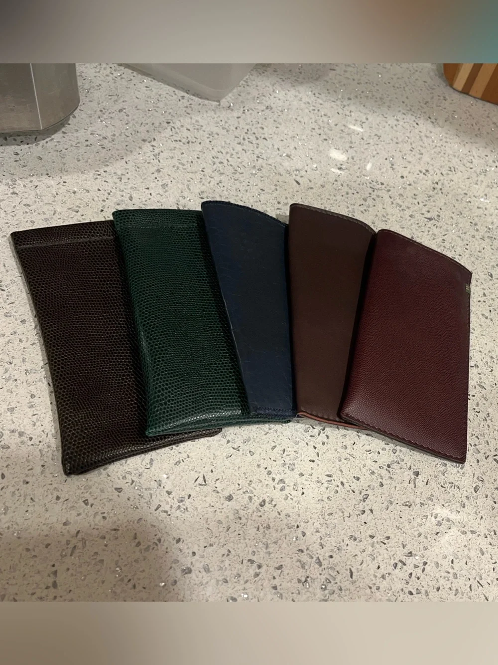 Assorted Leather Slip In Eyeglass Cases (5) in Burgundy, Brown, Green & Navy
